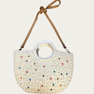Style & Co Cream Shoulder Bag with Woven Texture and Multicolored Beadwork